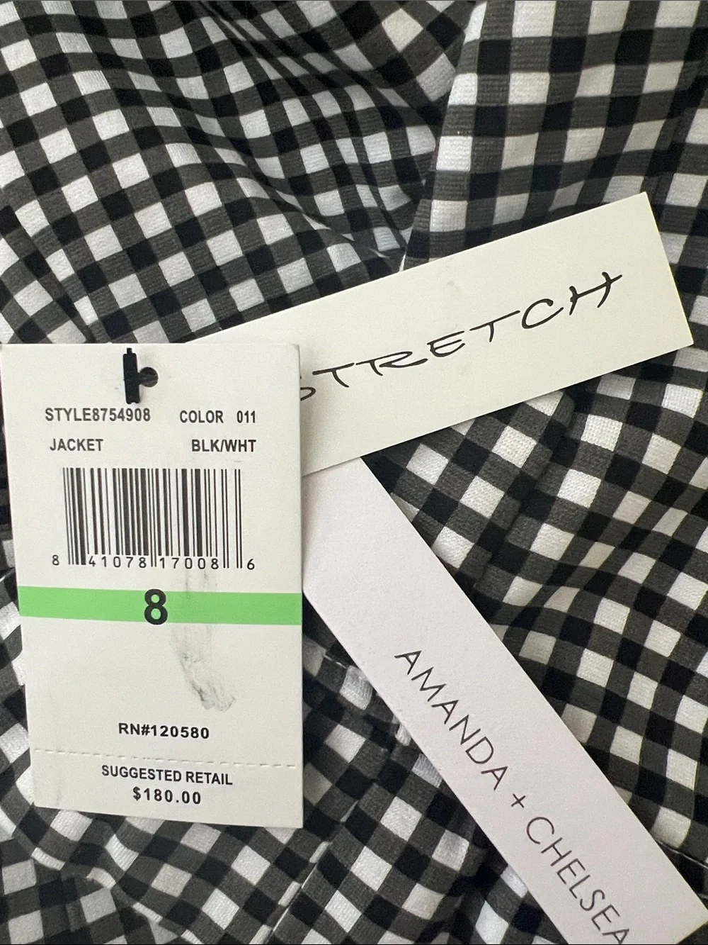 Amanda & Chelsea Gingham Blazer Jacket Black White Ruffle Cuff Stretch NWT 8